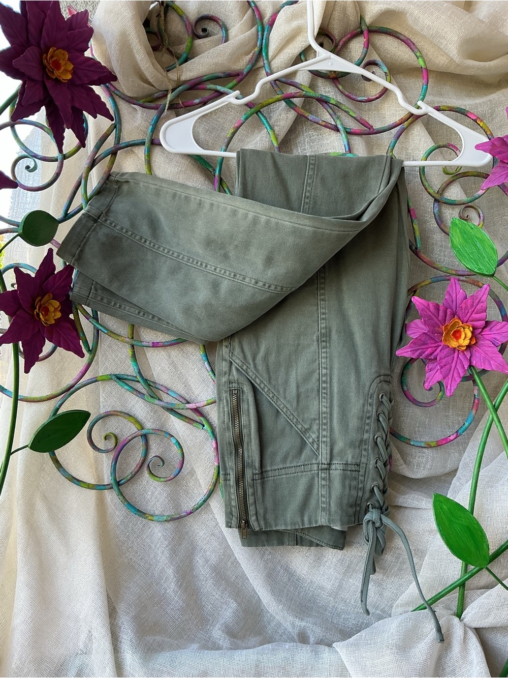 Mustard Seed Silver Green Skinny Plush Pants with Side Lace-Up